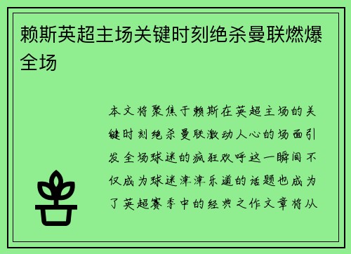 赖斯英超主场关键时刻绝杀曼联燃爆全场 赖斯英超主场关键时刻绝杀曼联燃爆全场