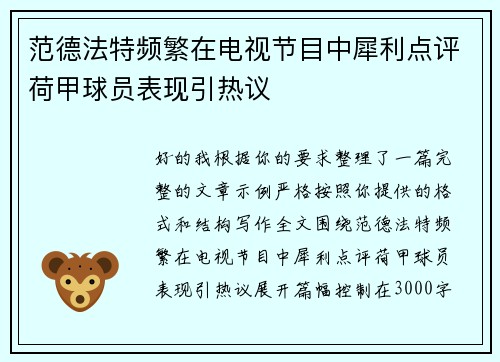 范德法特频繁在电视节目中犀利点评荷甲球员表现引热议